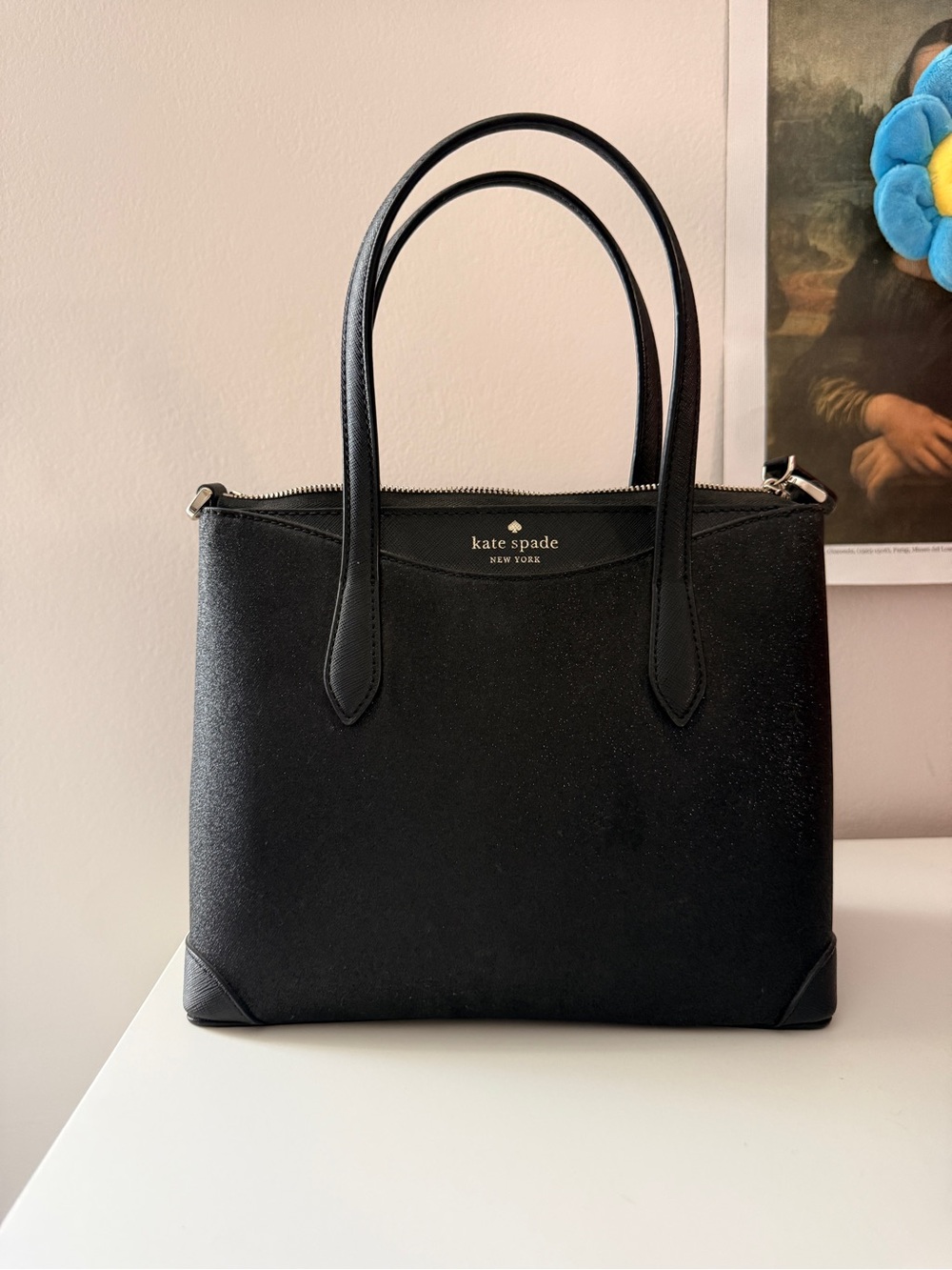 kate spade black leather tote with top handles